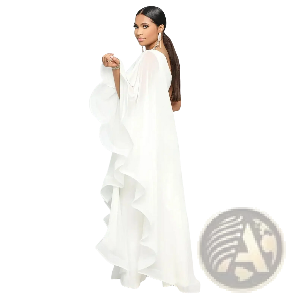A flowing white chiffon one shoulder ruffle jumpsuit with dramatic sleeves and a high low hemline