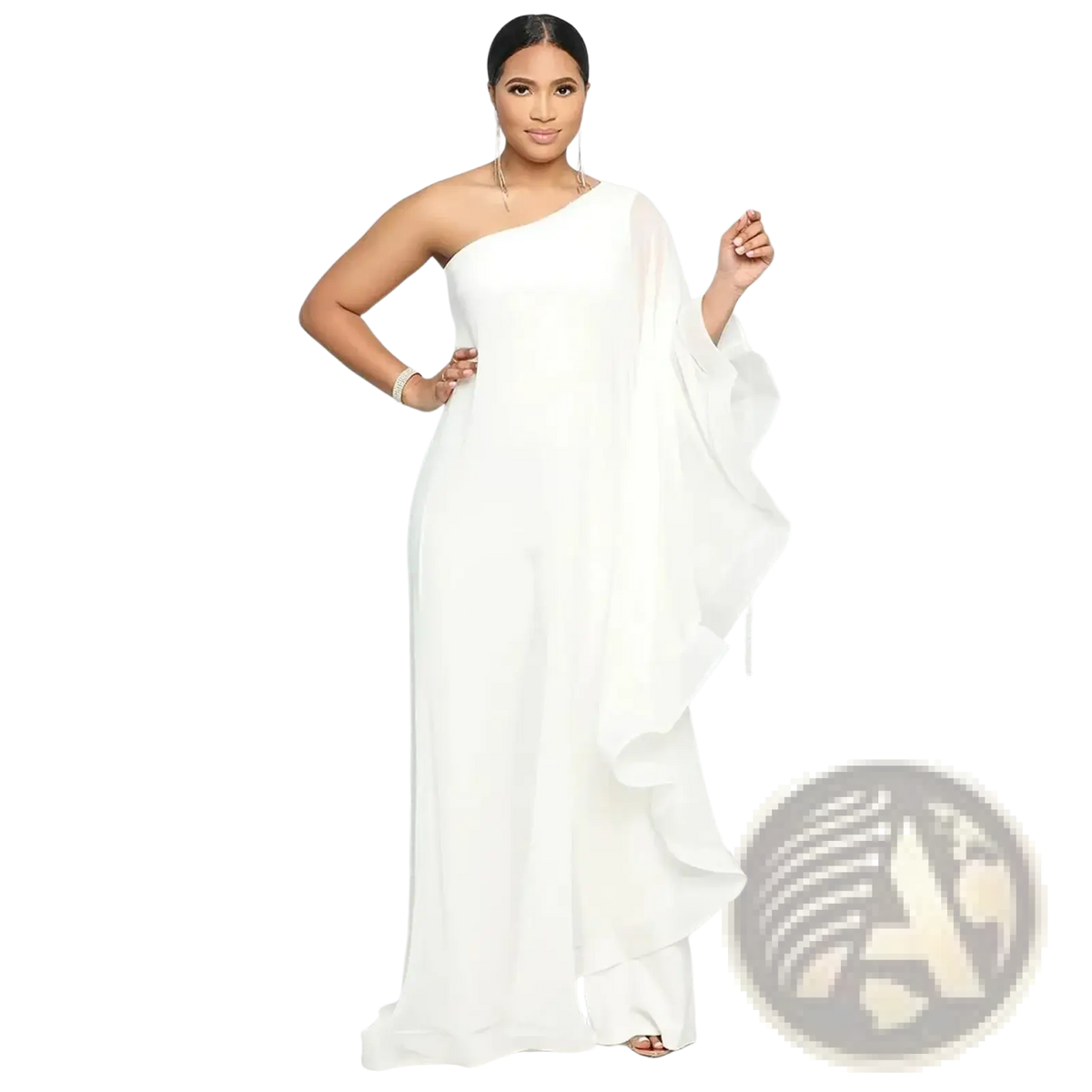 White one shoulder flowing chiffon gown with ruffled sleeve detail elegant design for formal occasions