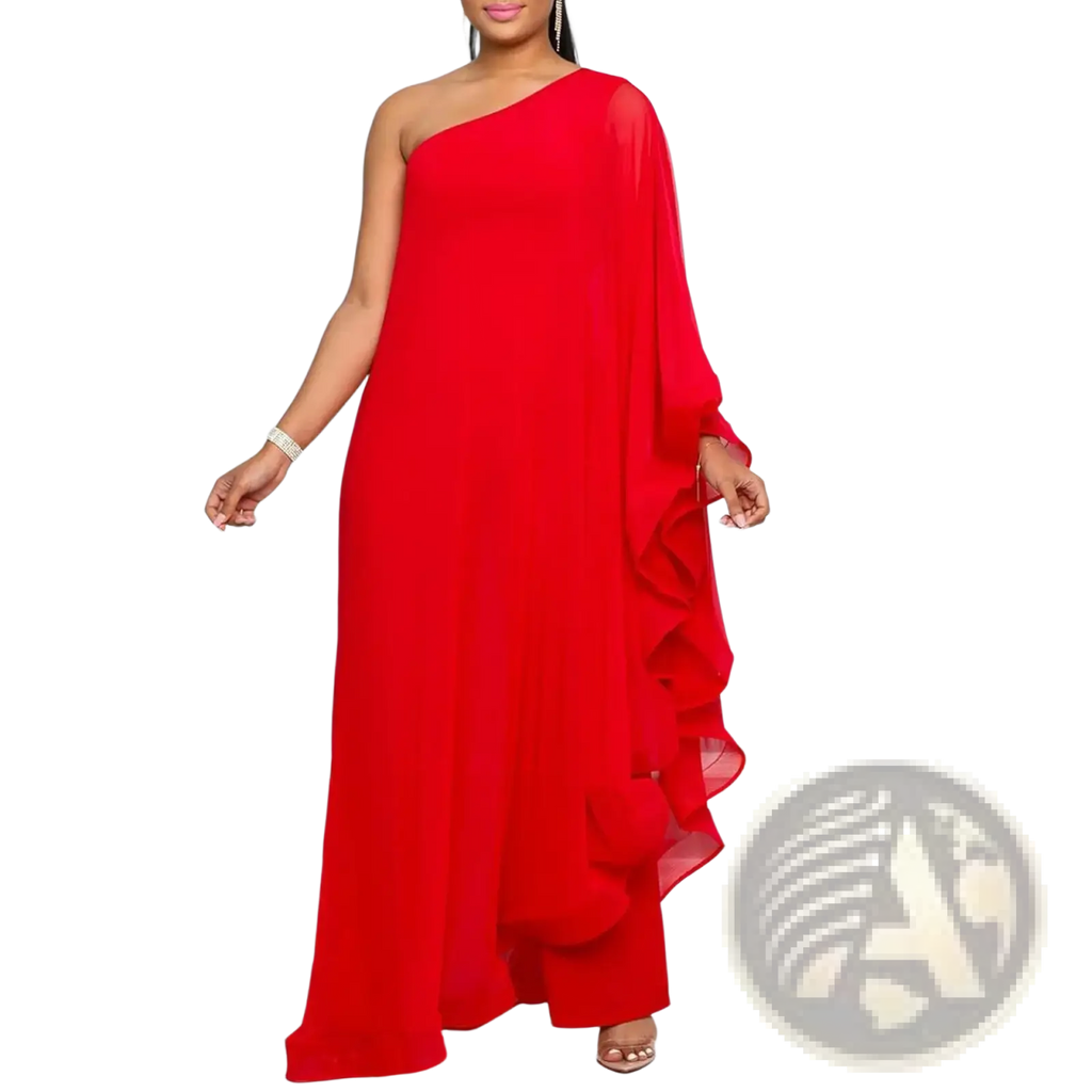 A vibrant red one shoulder maxi dress with flowing chiffon fabric and layered ruffle detailing along the side