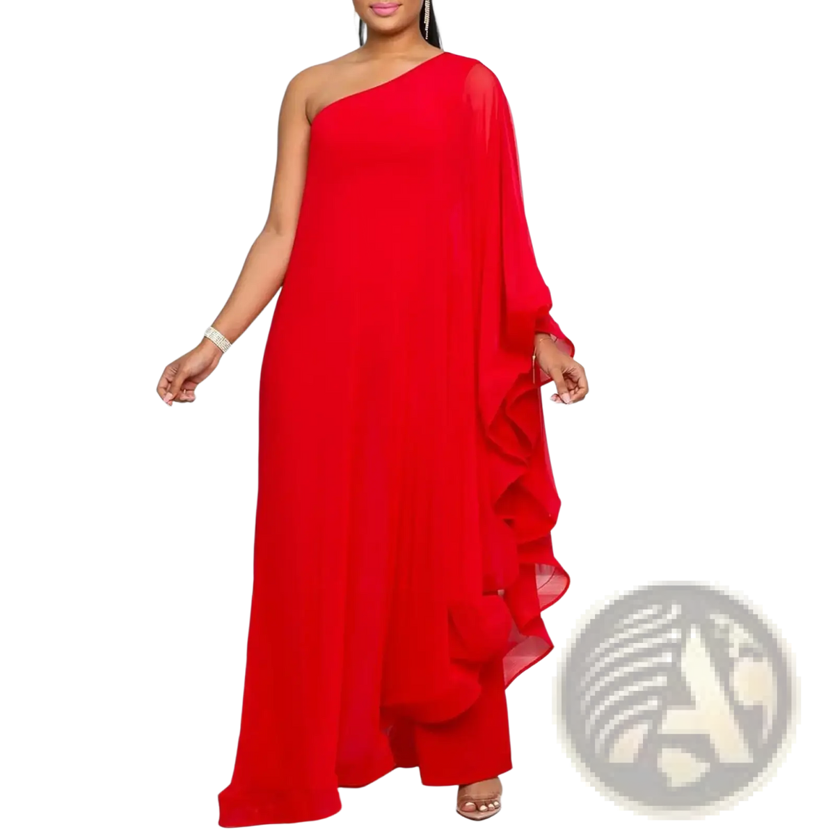 A vibrant red one shoulder maxi dress with flowing chiffon fabric and layered ruffle detailing along the side