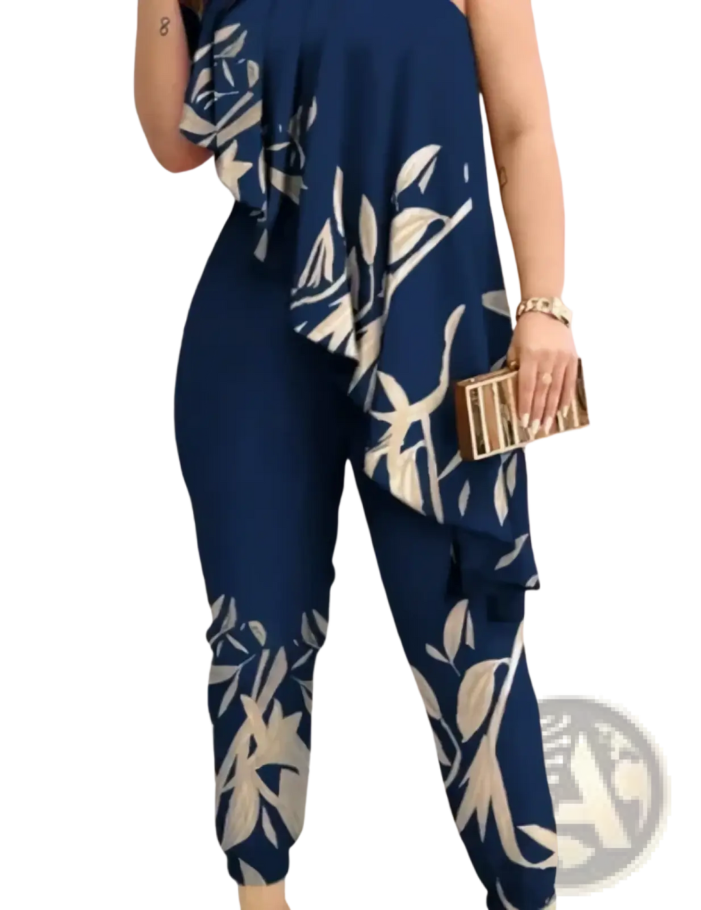 Navy blue one-shoulder ruffled jumpsuit with a flowing cream and white leaf-patterned overlay