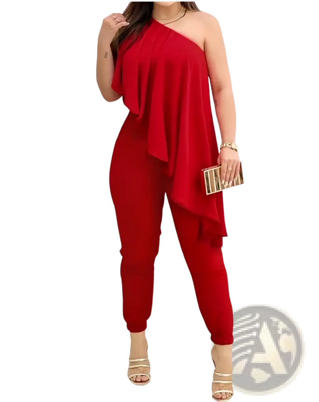 Red one-shoulder ruffled jumpsuit with flowing draped fabric overlay and tapered pants in elegant design