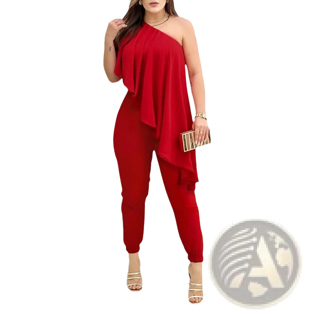 Red one-shoulder ruffled jumpsuit with flowing draped fabric overlay and tapered pants for elegant occasions