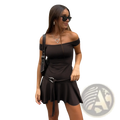 Black off-the-shoulder mini dress with ruffled skirt and belted waist designed for elegant occasions