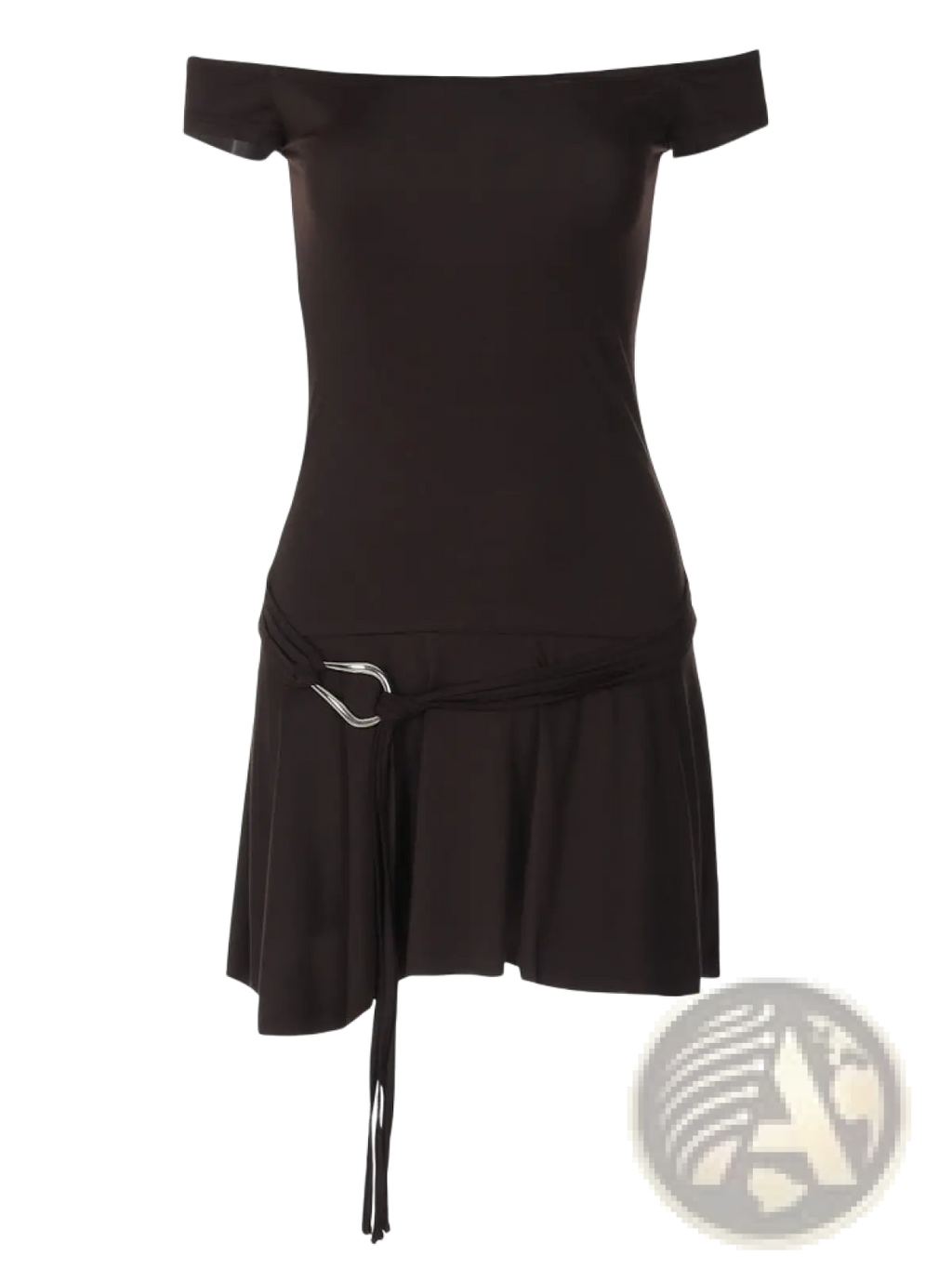 Black off-the-shoulder ruffled mini dress with sleek fitted bodice and asymmetrical skirt featuring silver buckle detail