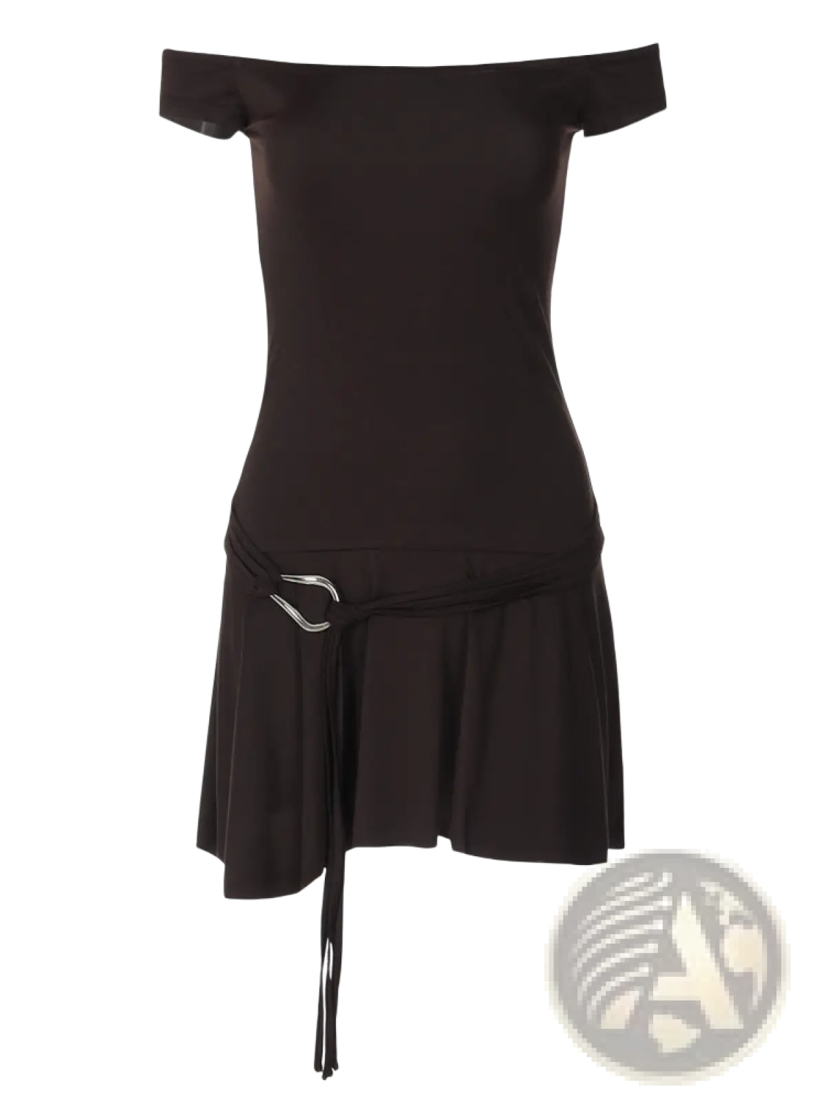 Black off-the-shoulder ruffled mini dress with sleek fitted bodice and asymmetrical skirt featuring silver buckle detail