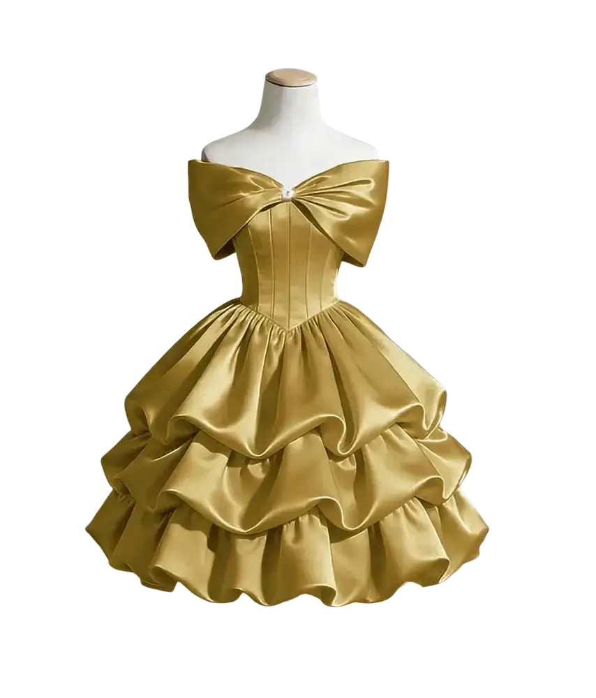 Off-shoulder tiered satin graduation dress in shimmering gold with a structured bodice and layered ruffles