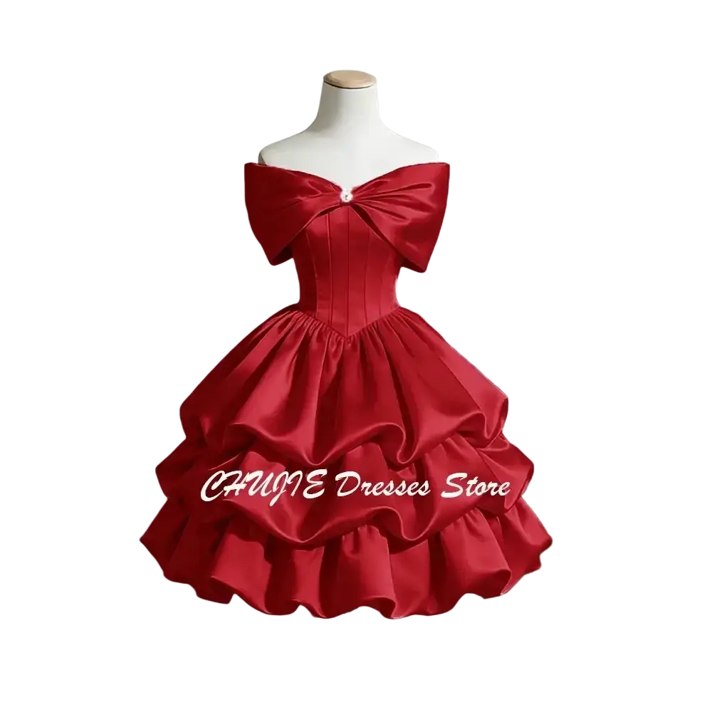Off-shoulder tiered satin graduation dress in vibrant red with a large bow neckline and layered ruffles satin graduation dress