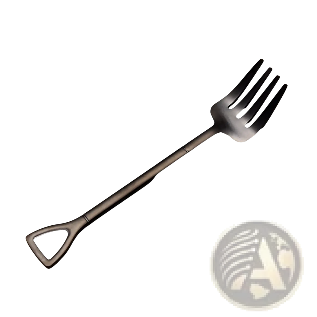 Black matte-finished stainless steel dessert fork with a shovel-shaped handle from the shovel spoon set