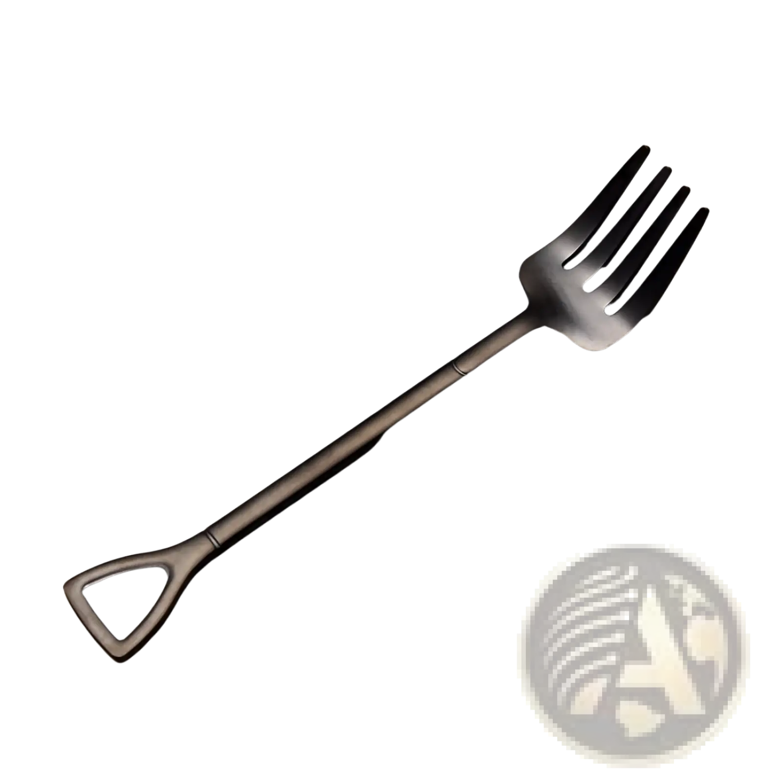 Black matte-finished stainless steel dessert fork with a shovel-shaped handle from the shovel spoon set