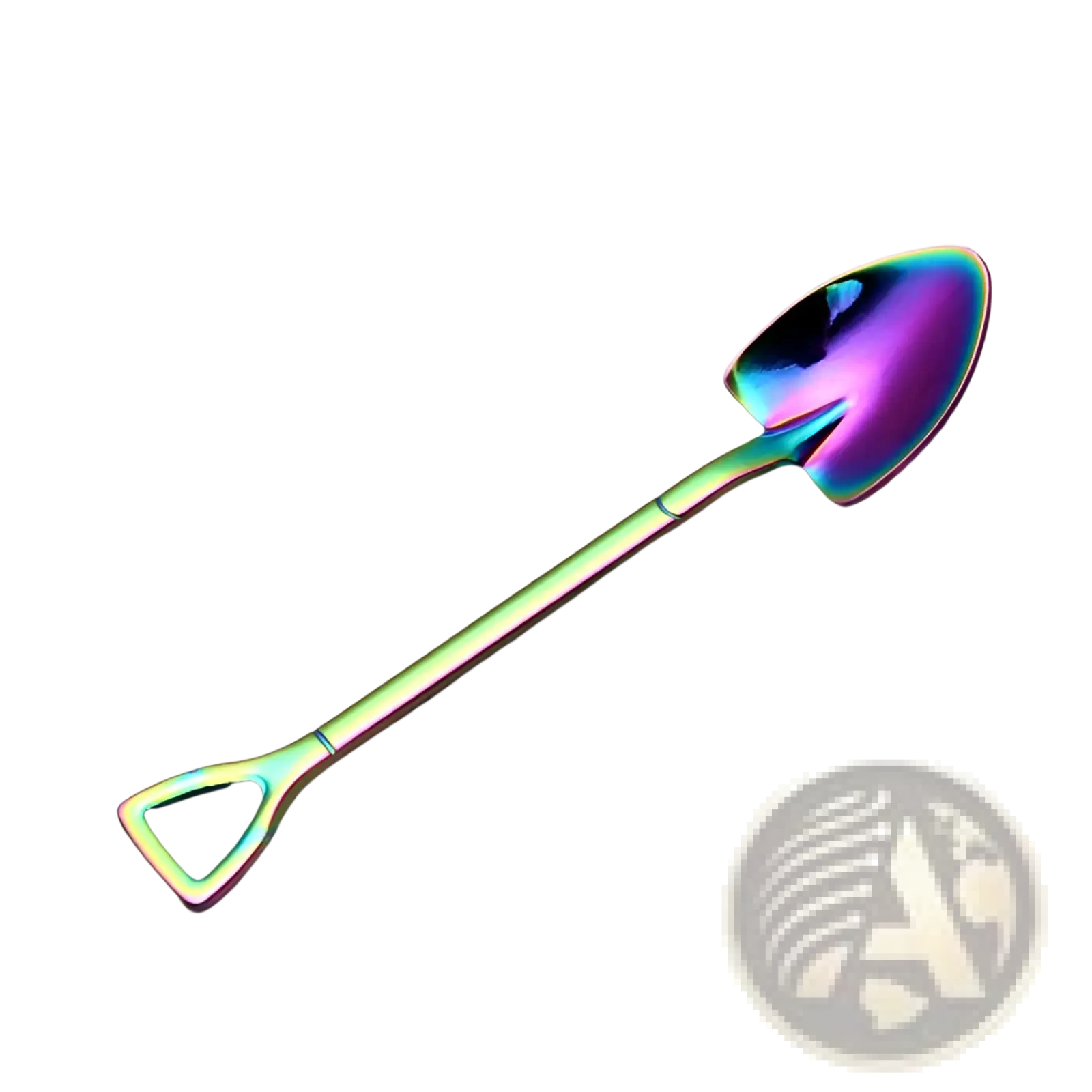 A sleek rainbow-colored stainless steel shovel spoon with triangular handle and iridescent finish for dessert use