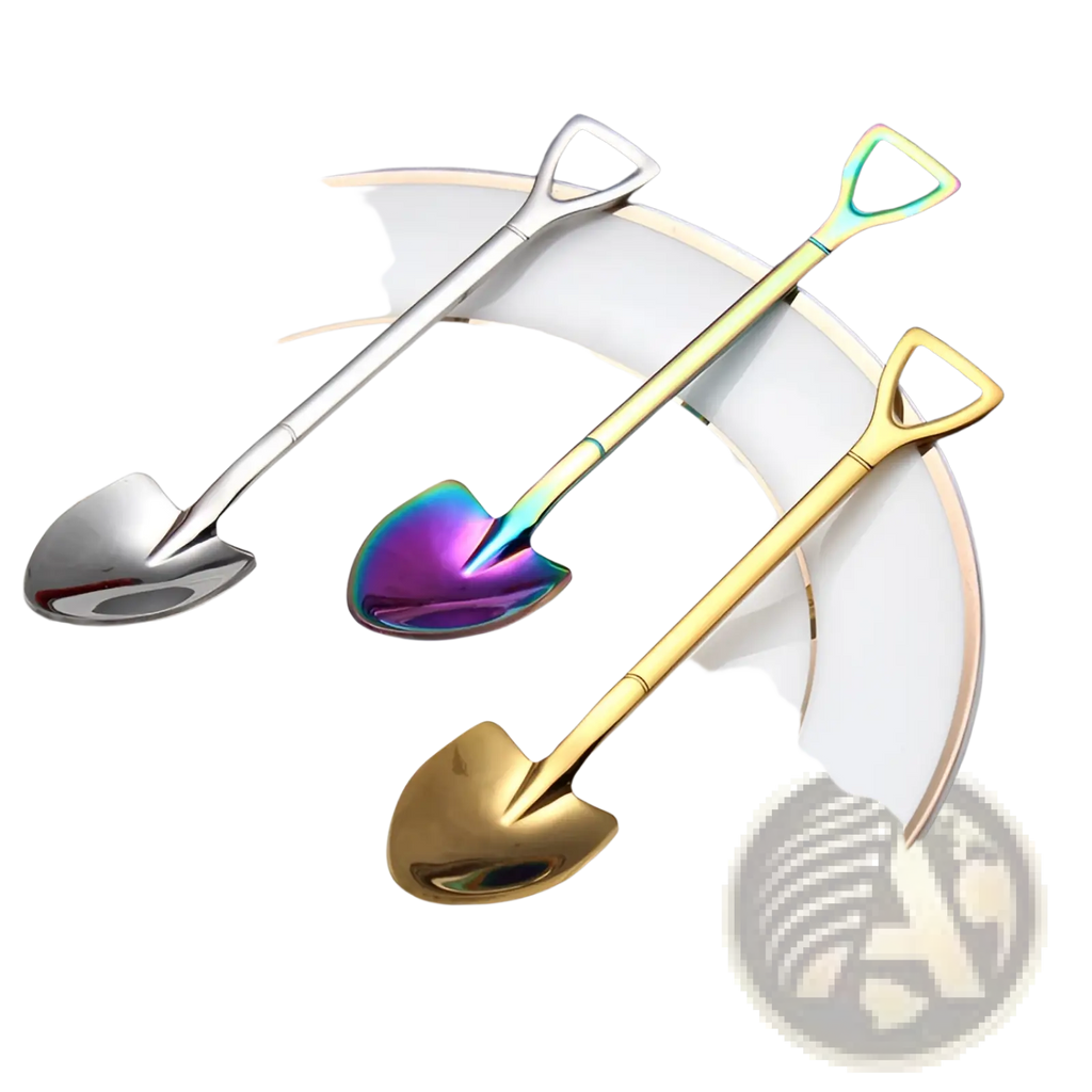 Three stainless steel shovel spoon dessert forks in silver, gold, and iridescent finishes resting on a white plate