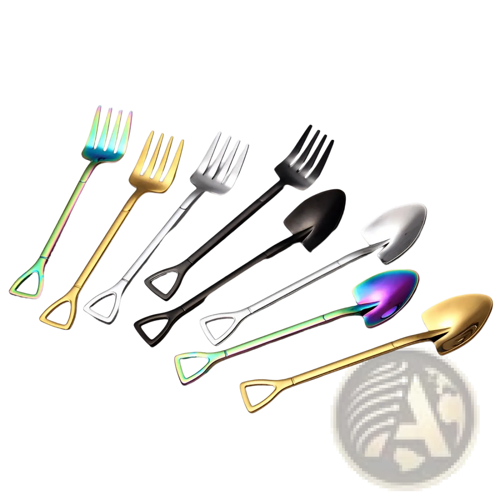 Set of decorative stainless steel shovel and fork dessert tools in rainbow iridescent gold silver and black finishes