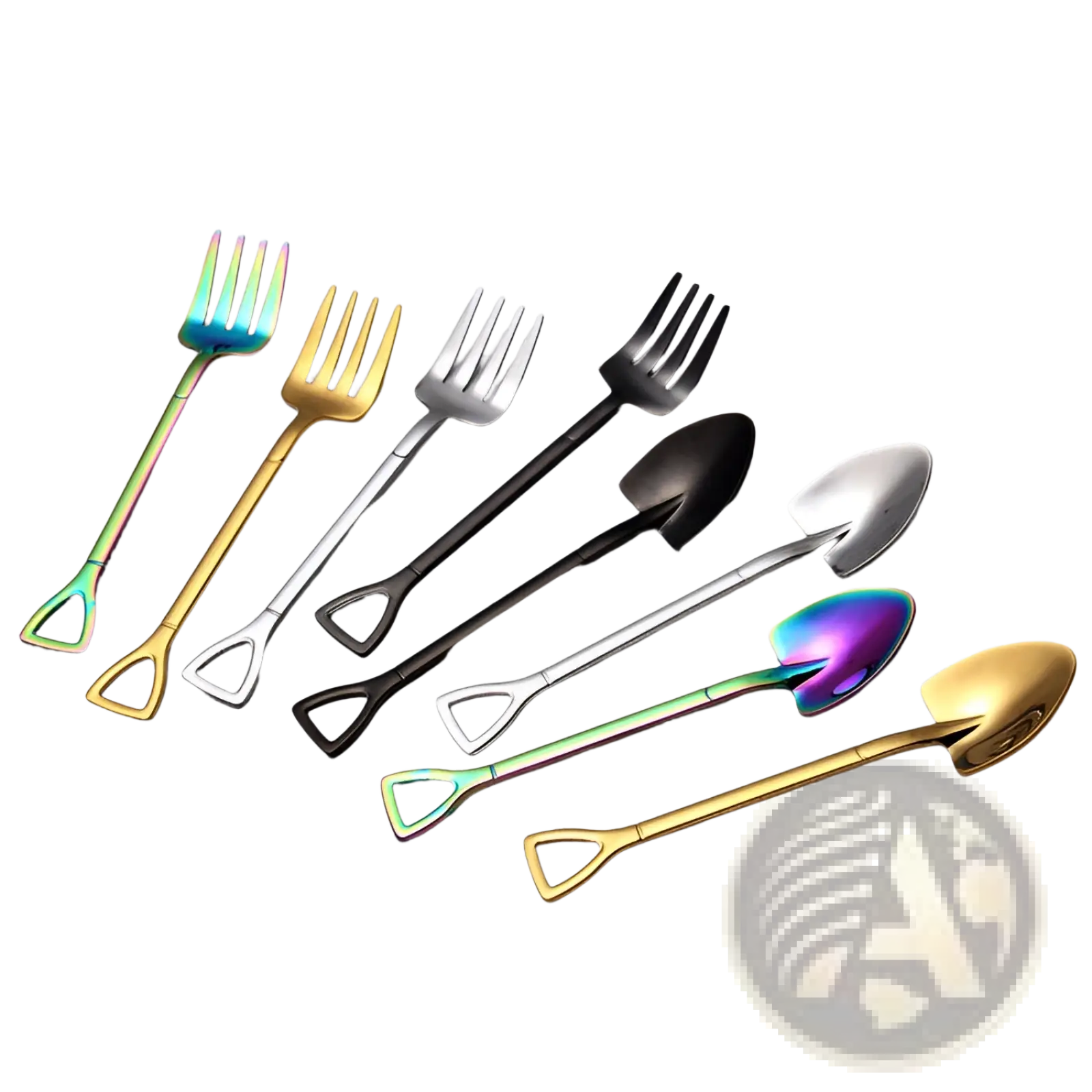 Set of decorative stainless steel shovel and fork dessert tools in rainbow iridescent gold silver and black finishes