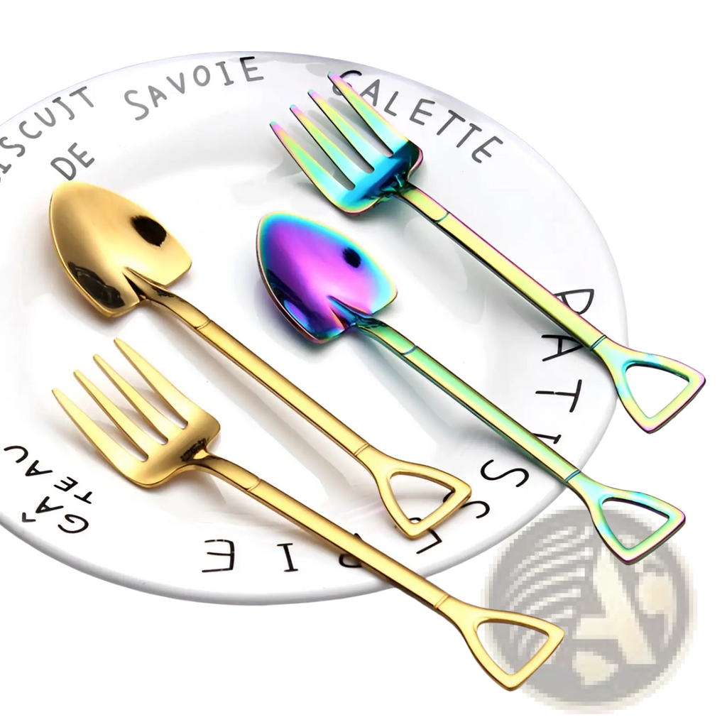 Set of three stainless steel shovel spoon dessert forks with iridescent rainbow finish and gold-tone handles