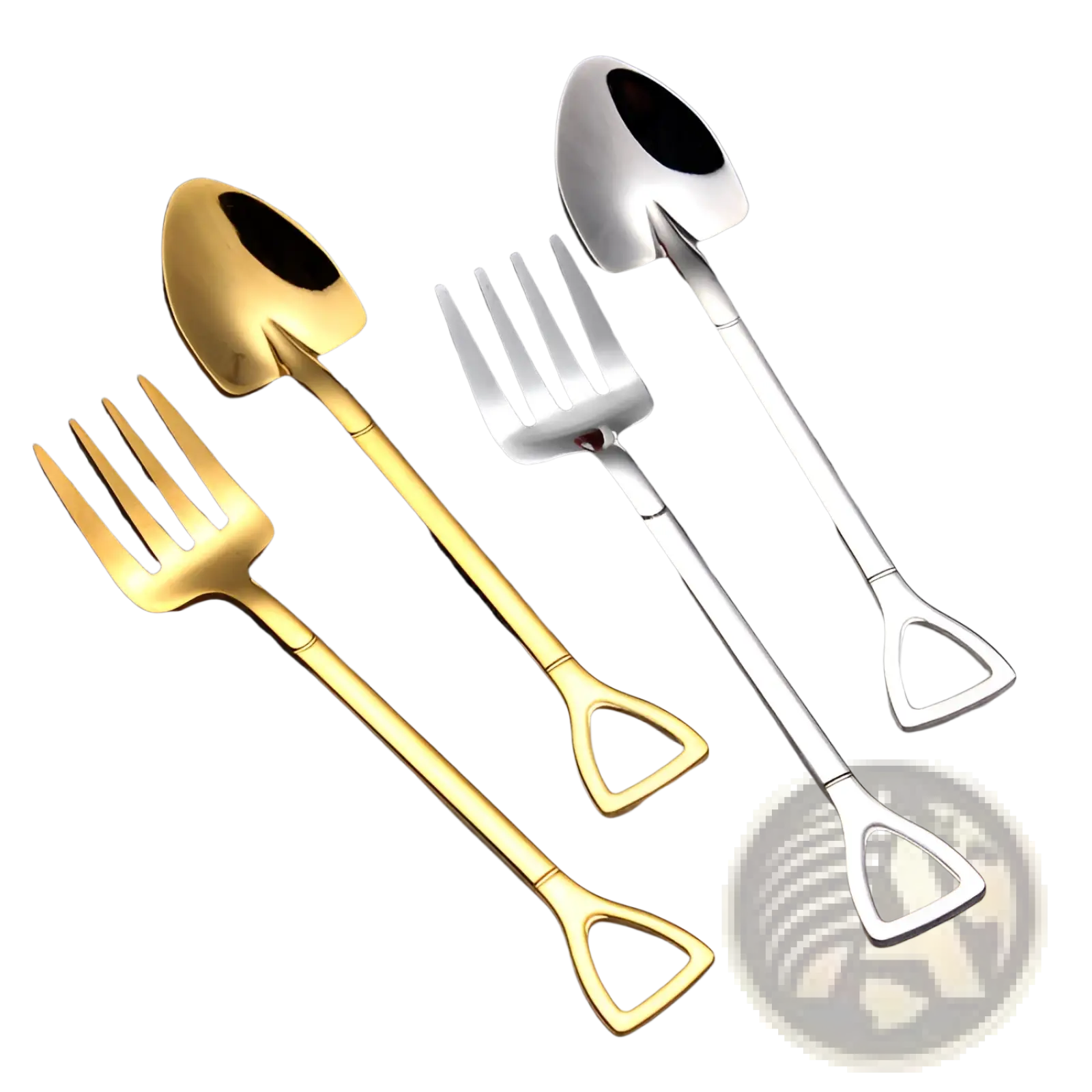 Shovel spoon stainless steel dessert fork set with gold and silver metallic garden-themed spoons and triangular handles
