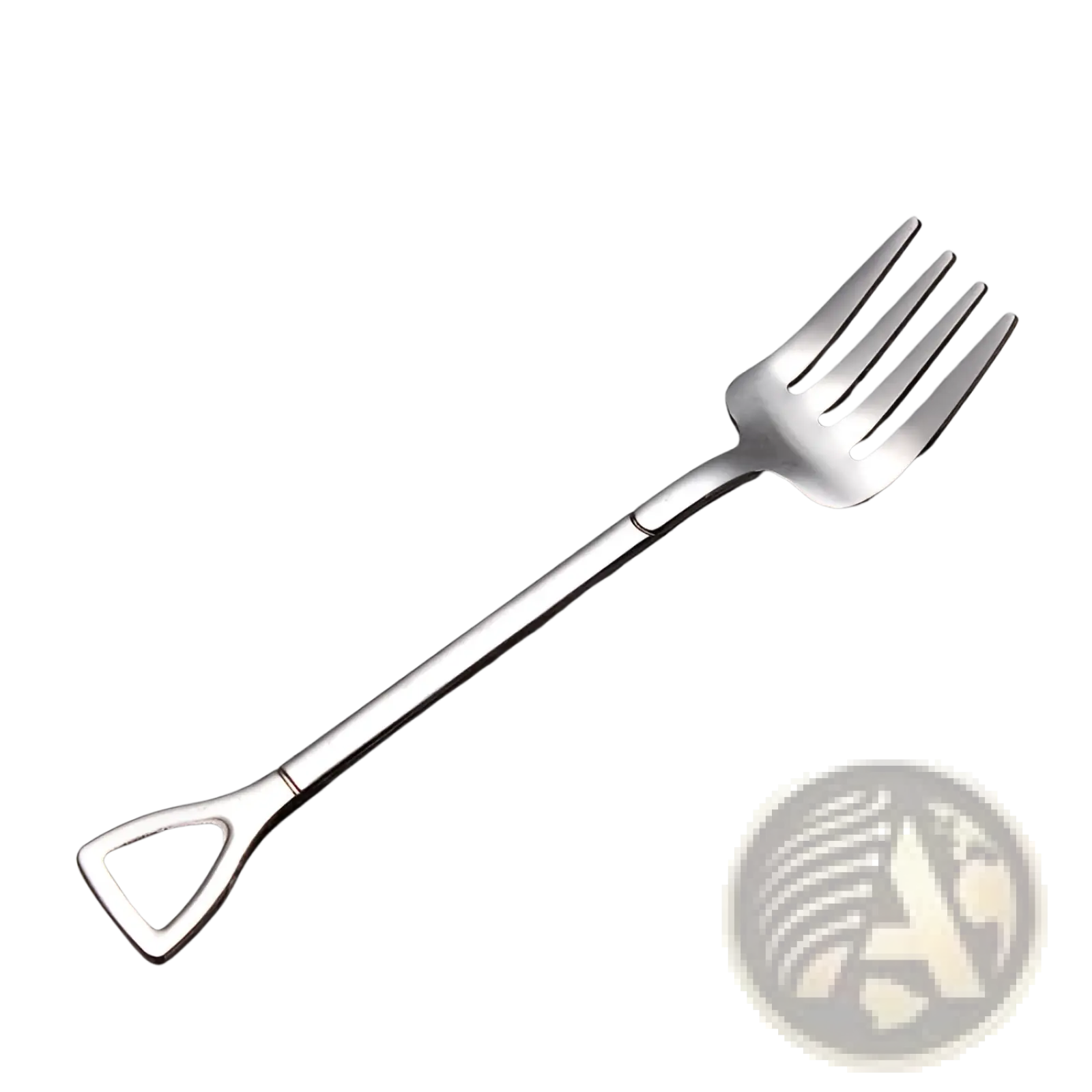 A sleek stainless steel shovel spoon dessert fork with a modern minimalist design and triangular handle