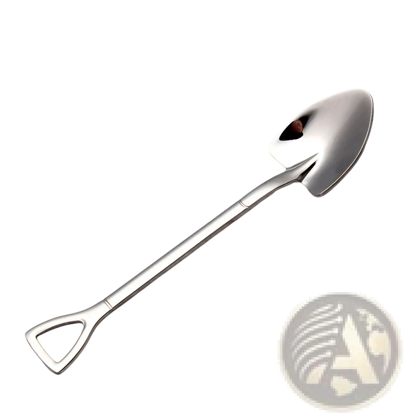 Shiny stainless steel shovel spoon with a reflective finish and triangular handle from dessert fork set