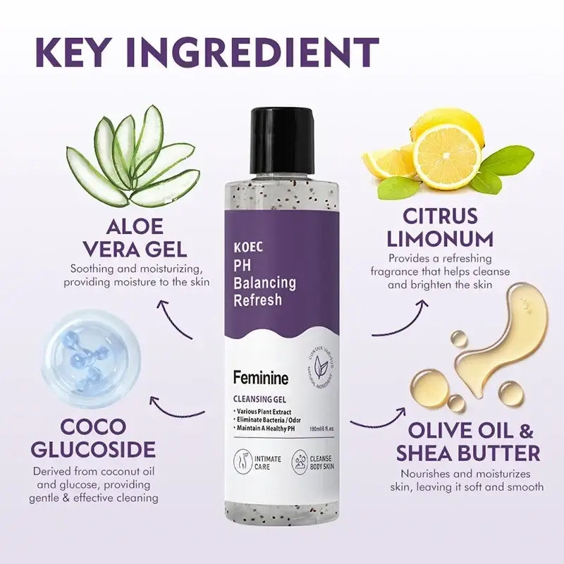A clear bottle with a black cap and purple label containing translucent gel with specks for body wash intimate hygiene balance