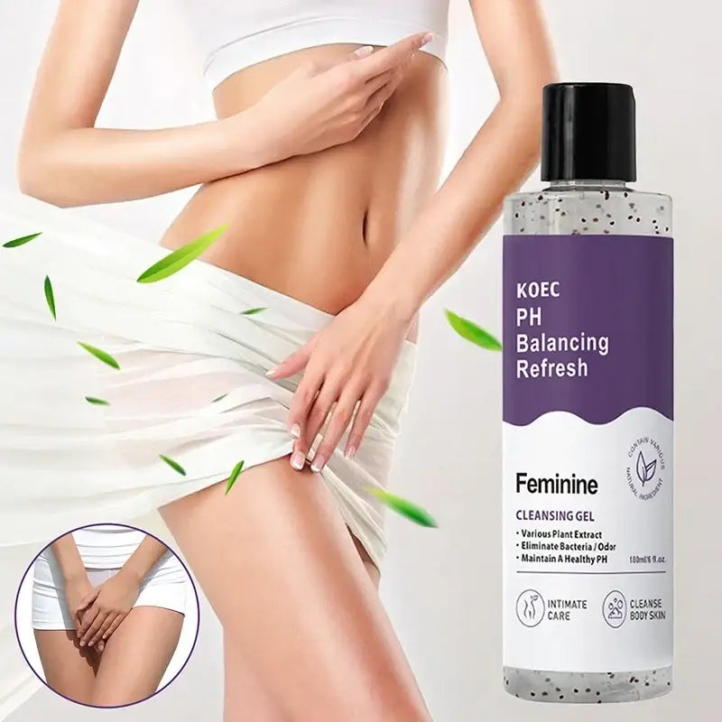 A clear bottle with black cap of Koec shower gel body wash intimate featuring a purple label and plant-based formula