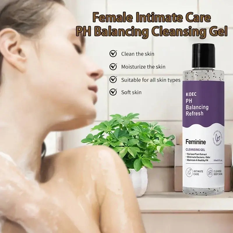 A clear bottle of koec ph balancing refresh feminine cleansing gel shower gel for body wash intimate hygiene balance