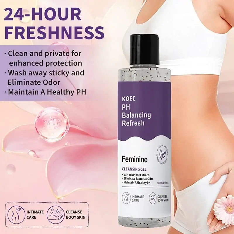 A clear shower gel bottle with black cap and purple label containing translucent gel with dark specks for body wash intimate hygiene balance
