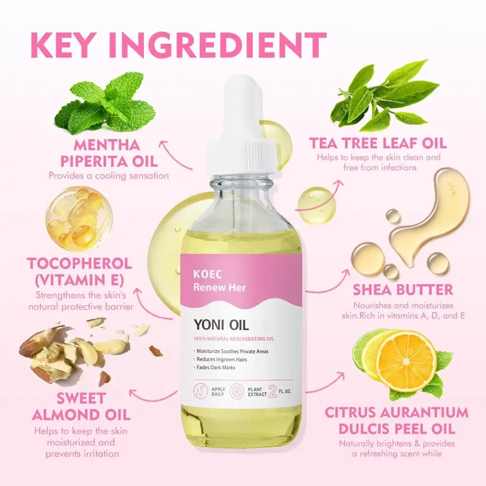 A clear glass bottle with white dropper cap and pink label containing yellowish yoni oil by koec renew her for body wash intimate hygiene balance