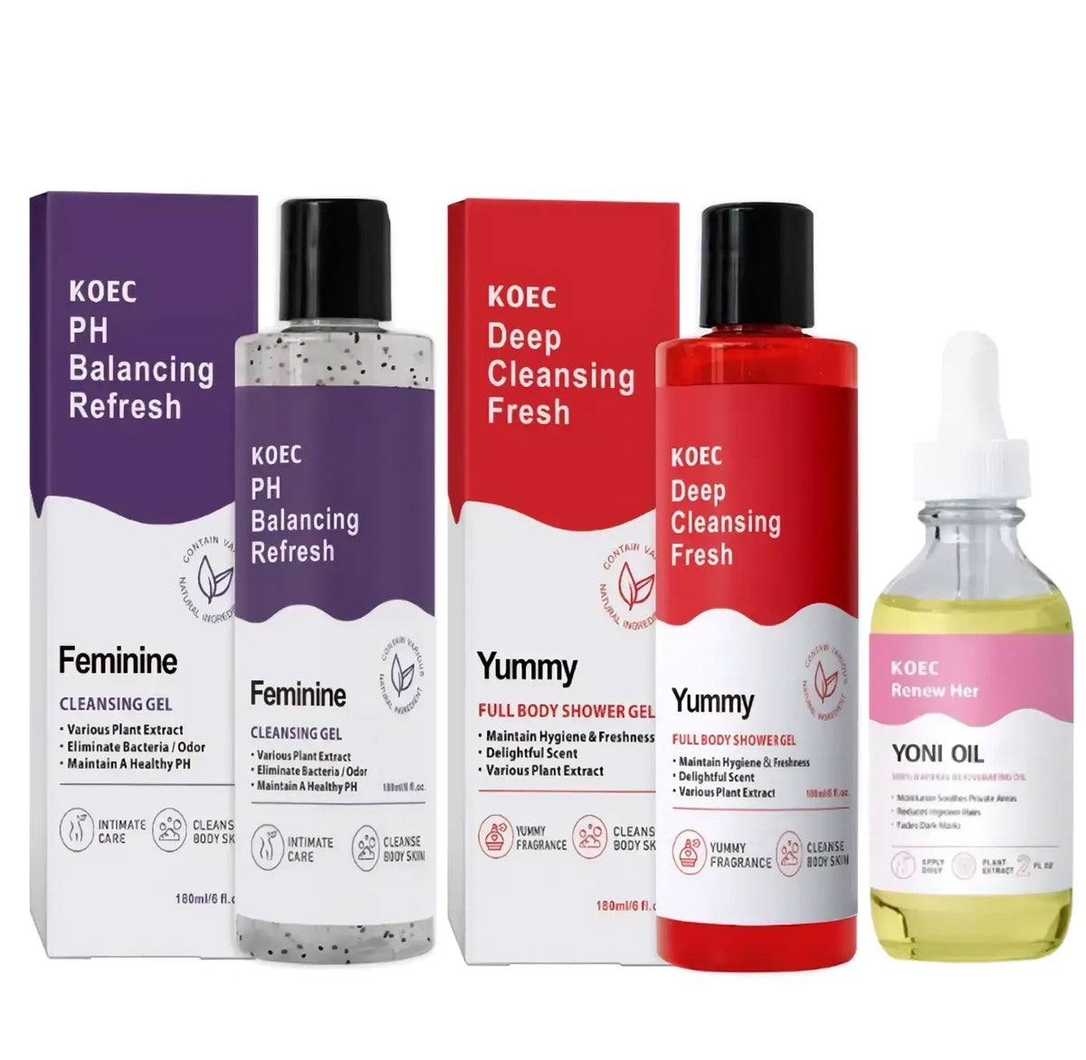 The koec shower gel body wash intimate in a clear bottle with purple label and visible plant extract particles