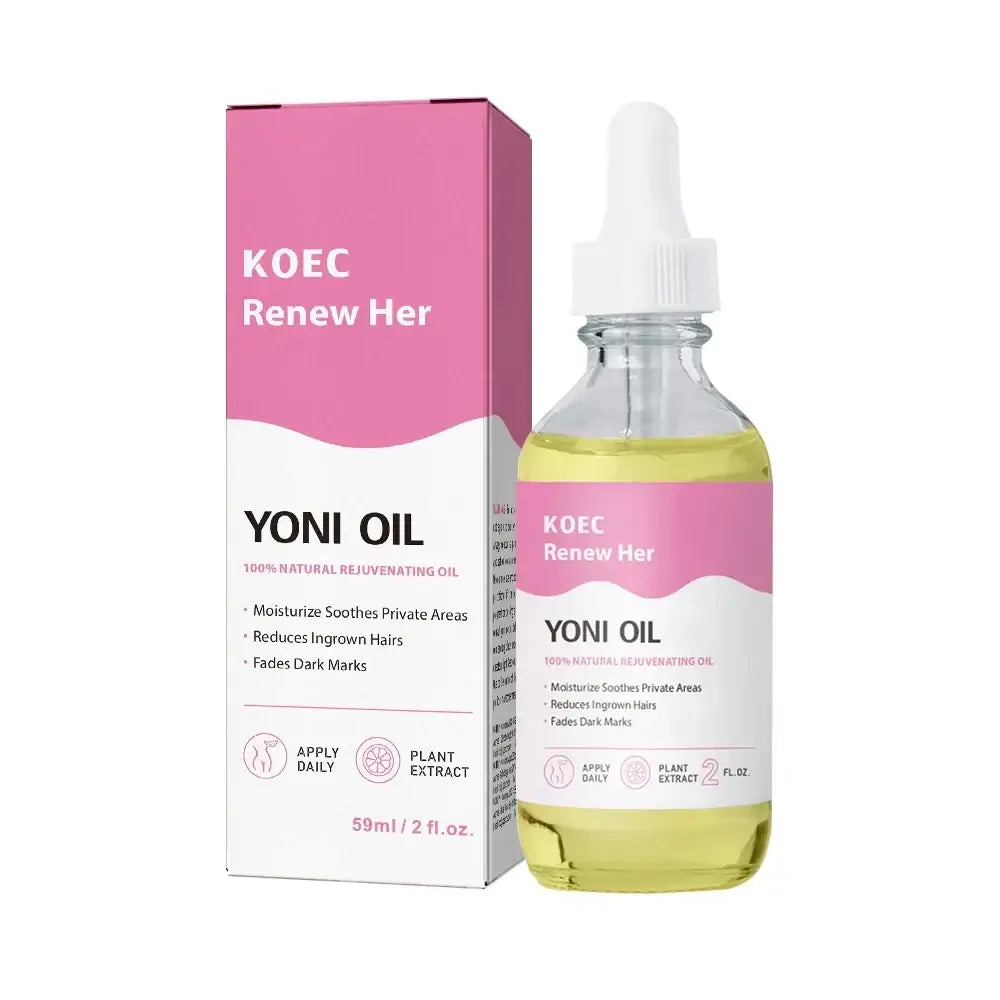 Koec renew yoni oil in a clear glass bottle with white dropper cap and golden liquid with pink and white box for wash intimate hygiene