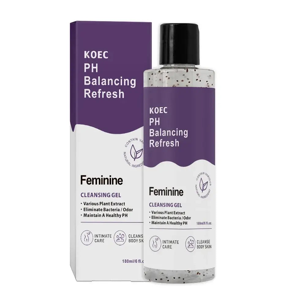 Purple and white labeled koec ph balancing refresh shower gel body wash intimate hygiene with black cap and clear gel