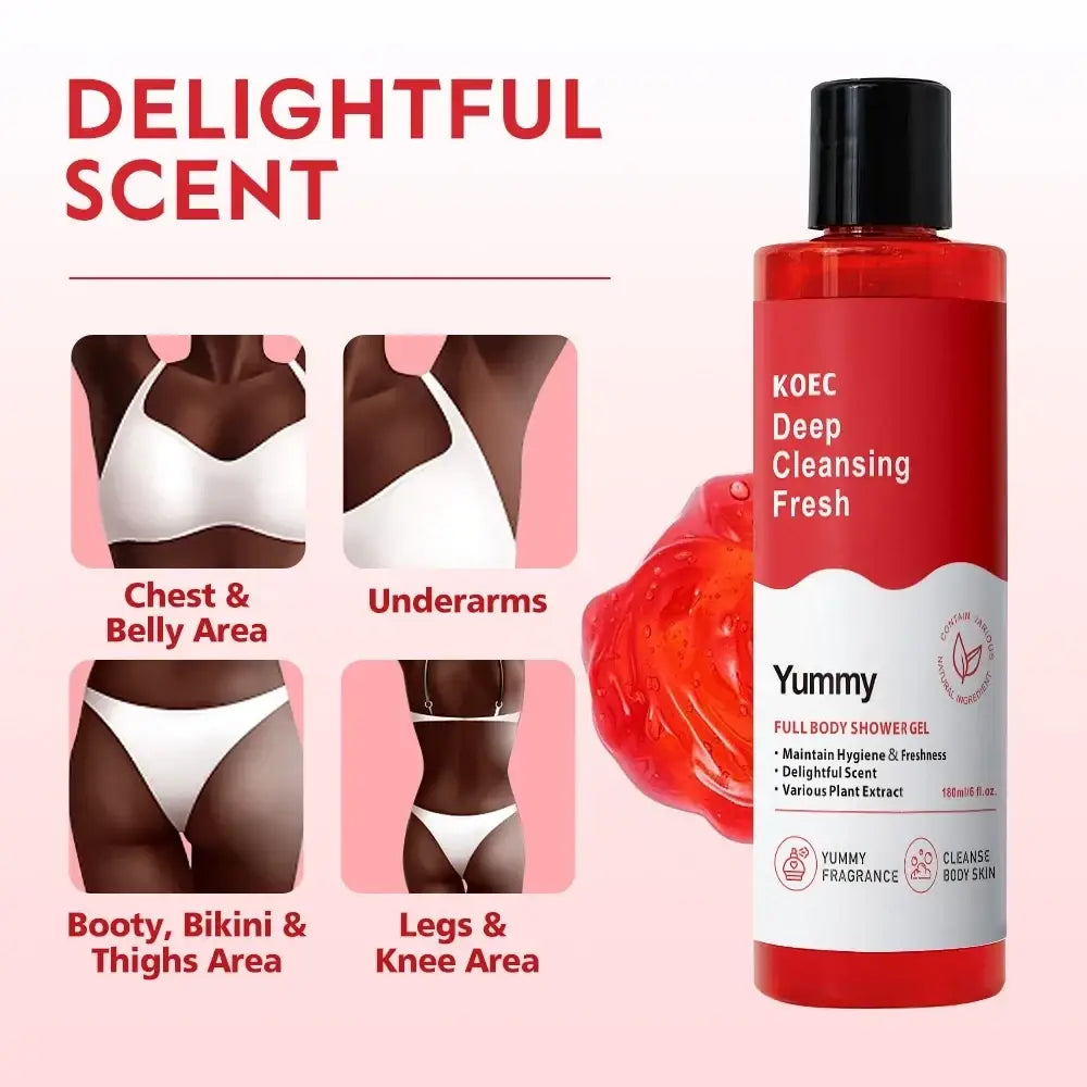 Red plastic bottle of koec shower gel with black cap and white label for body wash intimate hygiene balance
