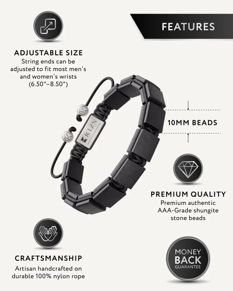 Black 10mm rectangular shungite stone beads on nylon rope with silver clasps in havana shungite emf protection bracelet