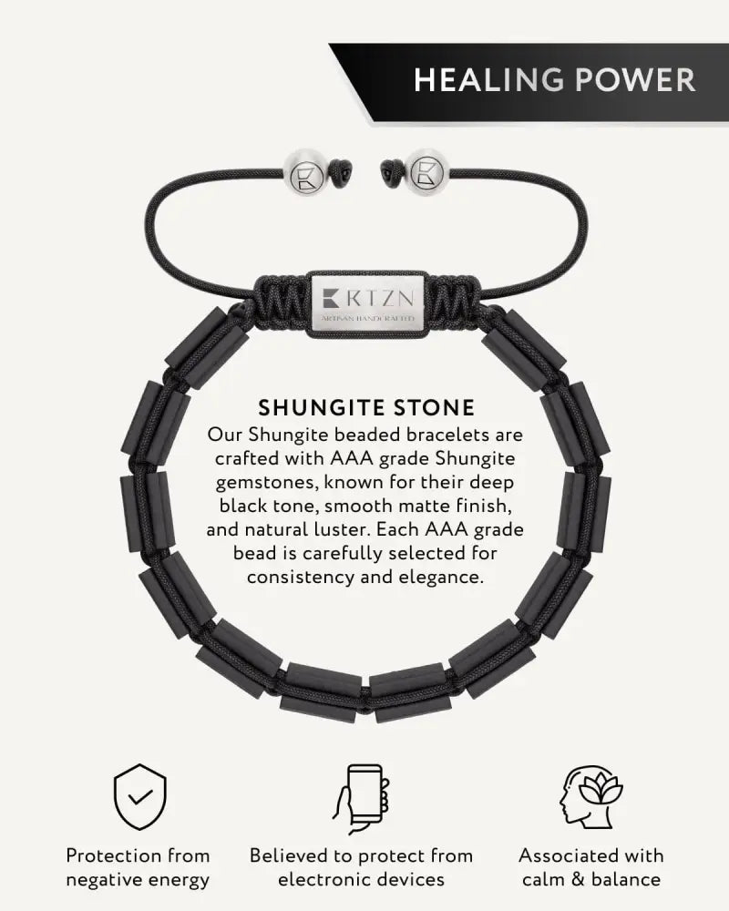Black beaded Havana shungite emf protection bracelet with aaa grade matte stones and silver ktzn brand tag