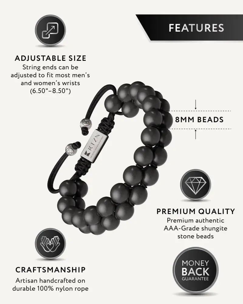 Adjustable shungite emf protection beaded bracelet with black 8mm stone beads on nylon rope and silver metal plate