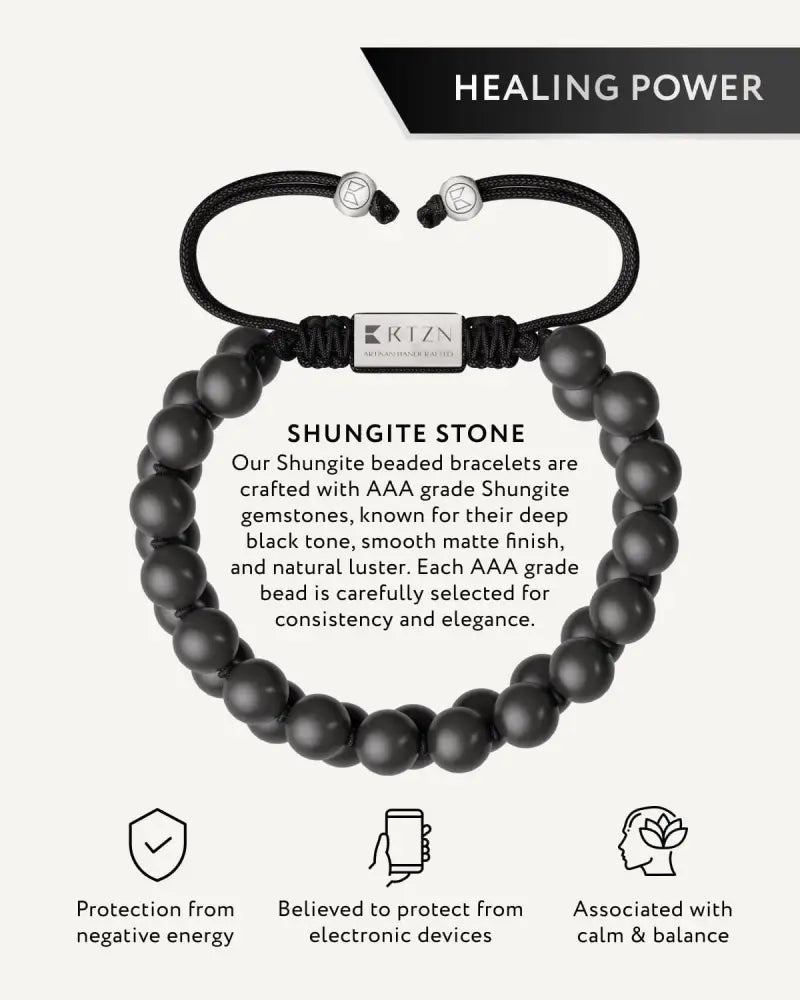 Adjustable shungite emf protection bracelet with smooth black aaa grade stones and silver-toned kizn clasp