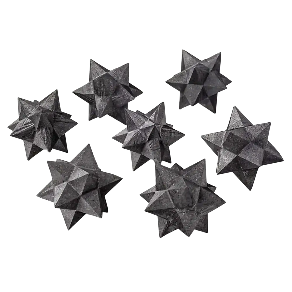 Black shungite merkaba crystal with a matte textured finish showcasing a geometric star shape for home decor style