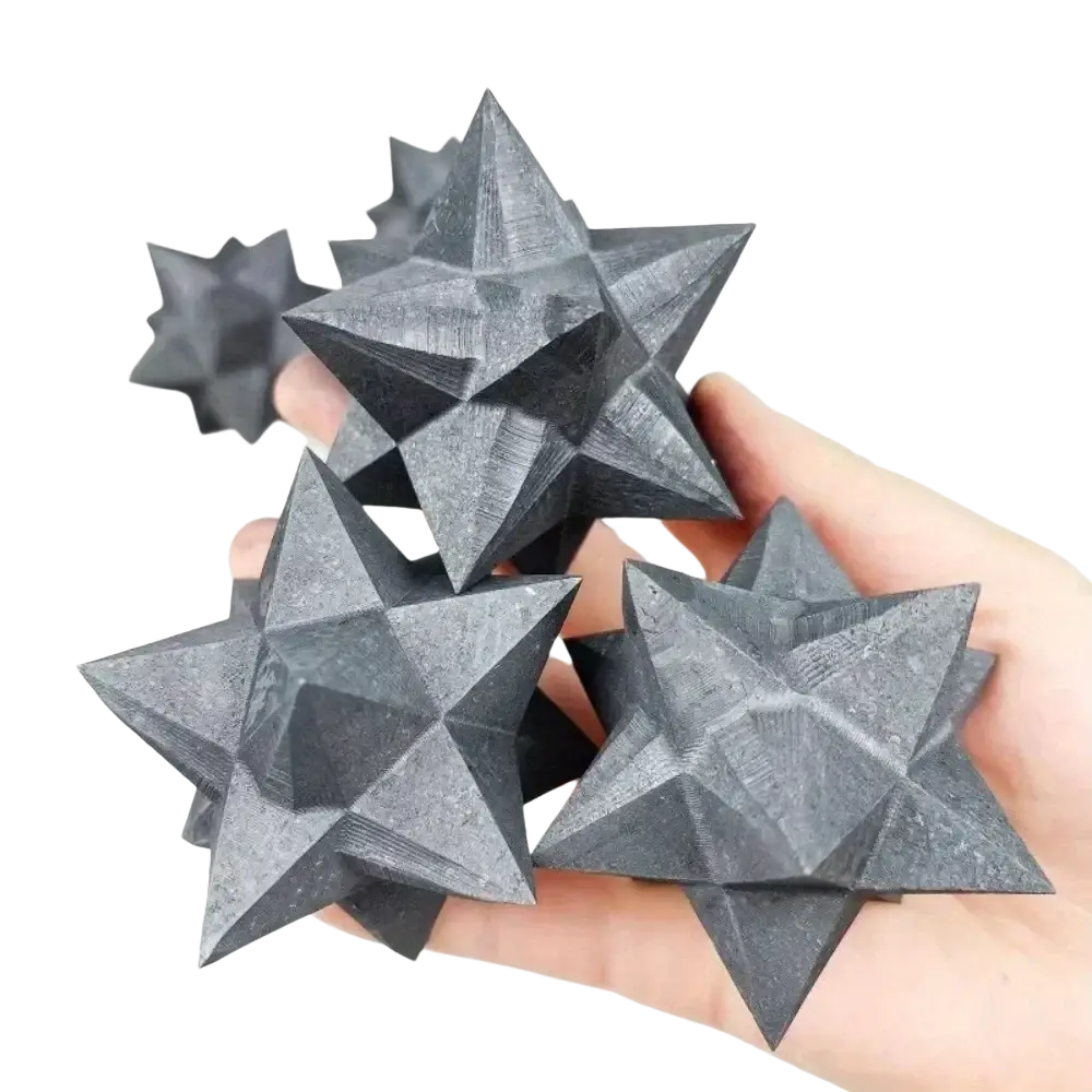 Black matte textured shungite merkaba crystal star shapes for elegant geometric home decor and decoration style