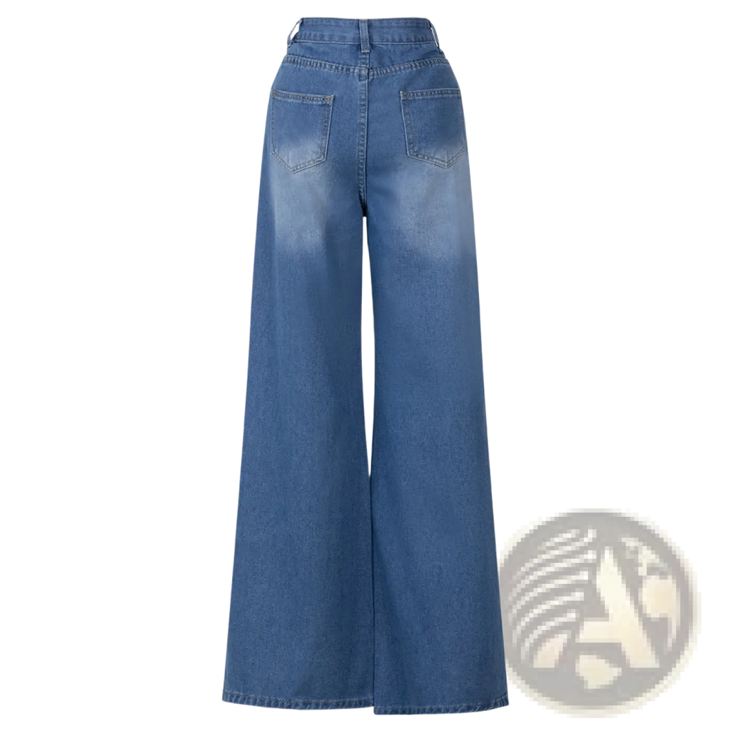 Back side of blue denim side slit wide leg jeans with faded wash and classic back pockets