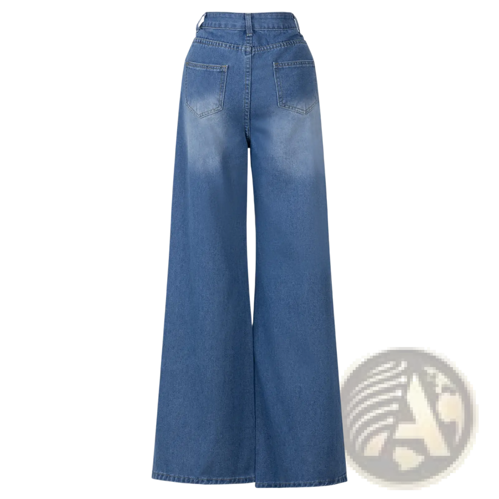 Back side of blue denim side slit wide leg jeans with faded wash and classic back pockets