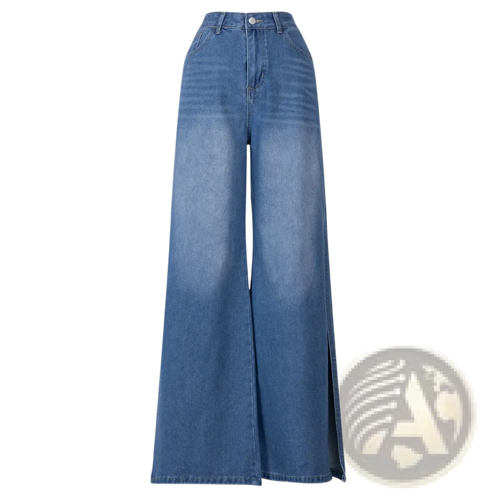 High waisted wide leg denim jeans in medium blue wash with subtle fade and side slit detail