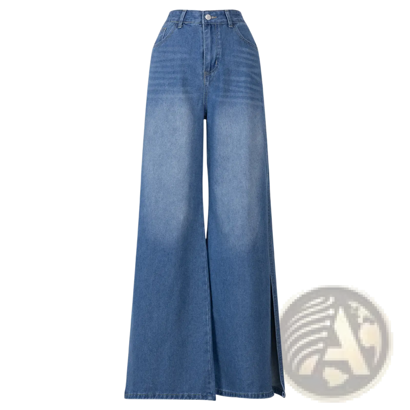 High waisted wide leg denim jeans in medium blue wash with subtle fade and side slit detail