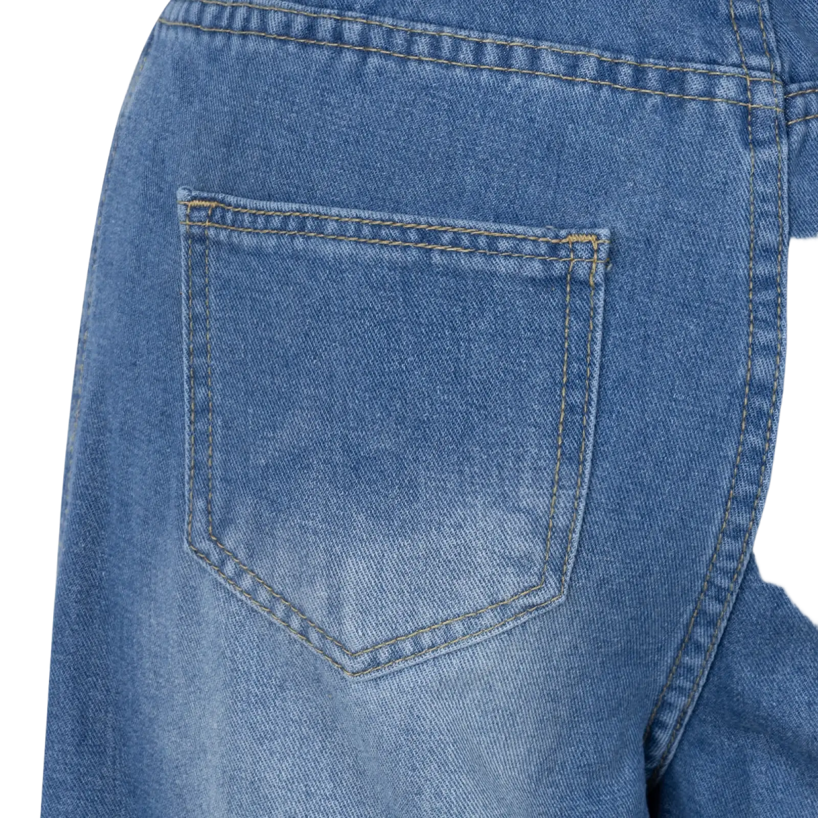 Back side of medium-wash blue side slit wide leg denim jeans with classic back pocket and contrasting stitching