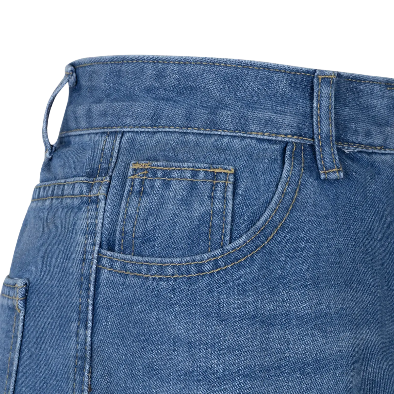 Side slit wide leg denim jeans in medium wash blue with classic five-pocket design and contrasting stitching