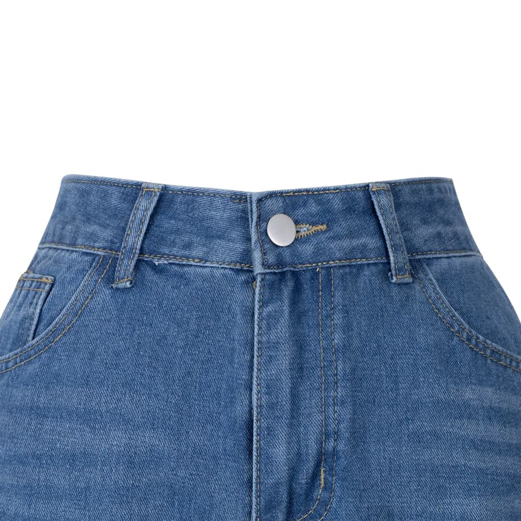 Medium-wash blue side slit wide leg denim jeans with classic button closure and visible stitching