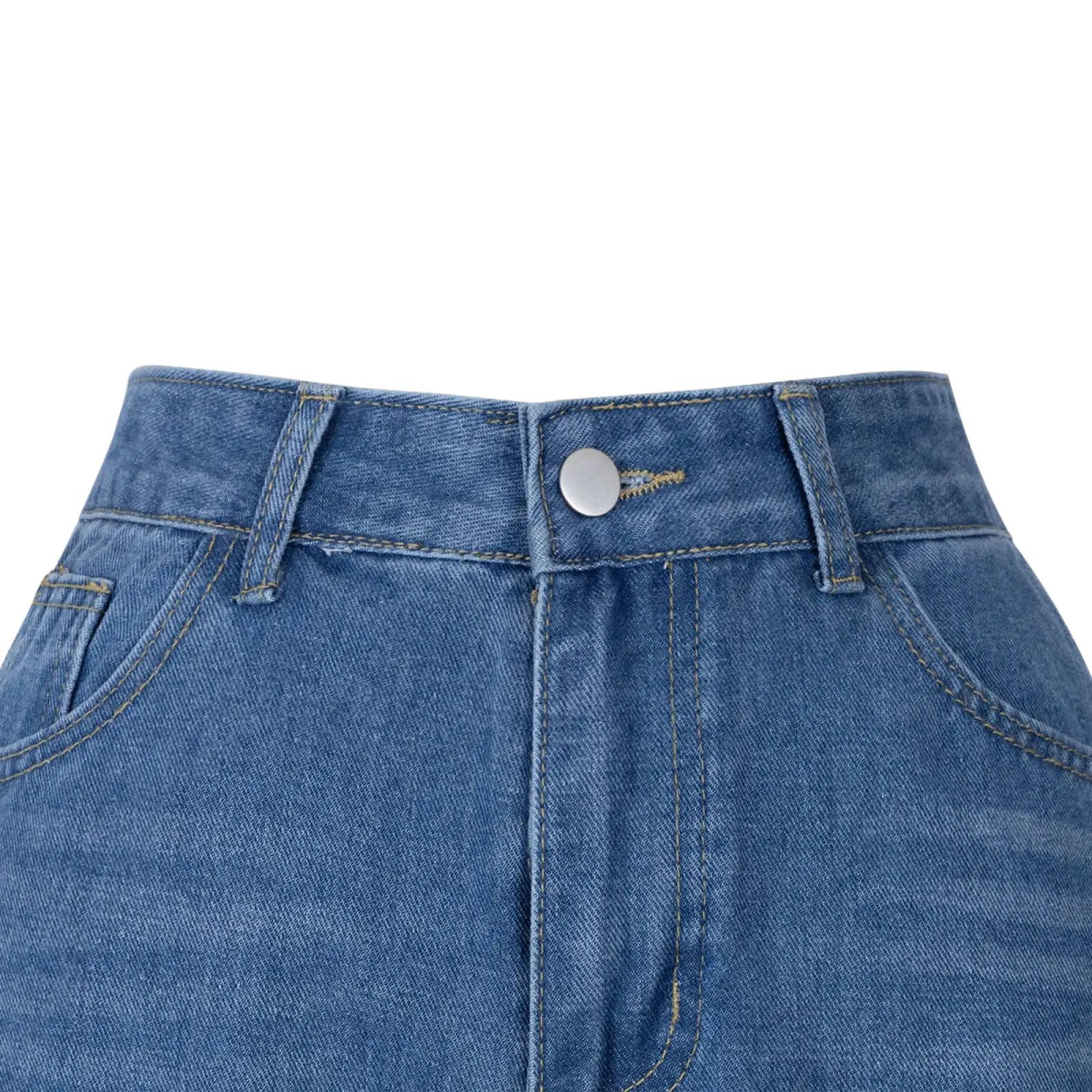Medium-wash blue side slit wide leg denim jeans with classic button closure and visible stitching