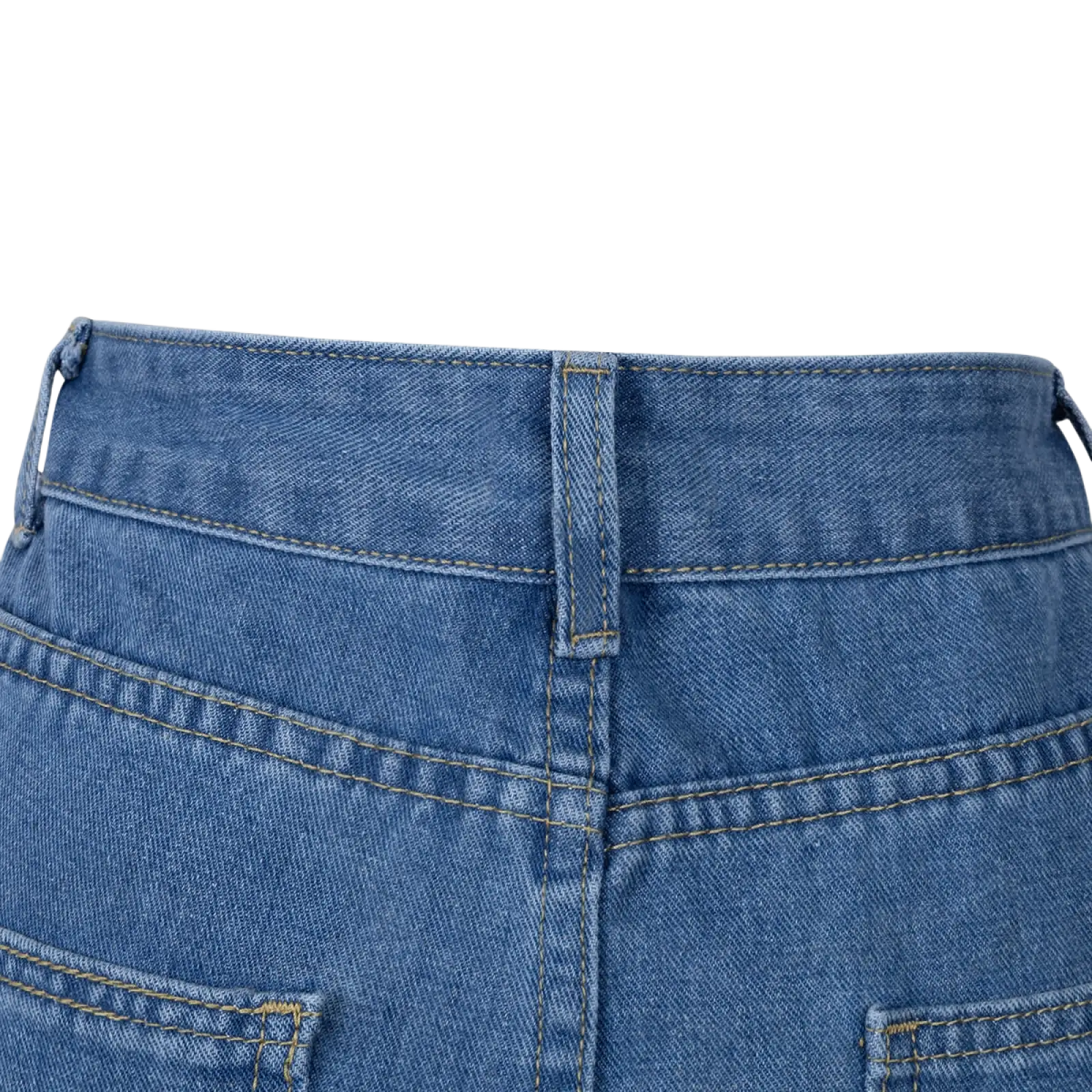 Side slit wide leg denim jeans in classic blue wash with mid waist and contrasting stitching