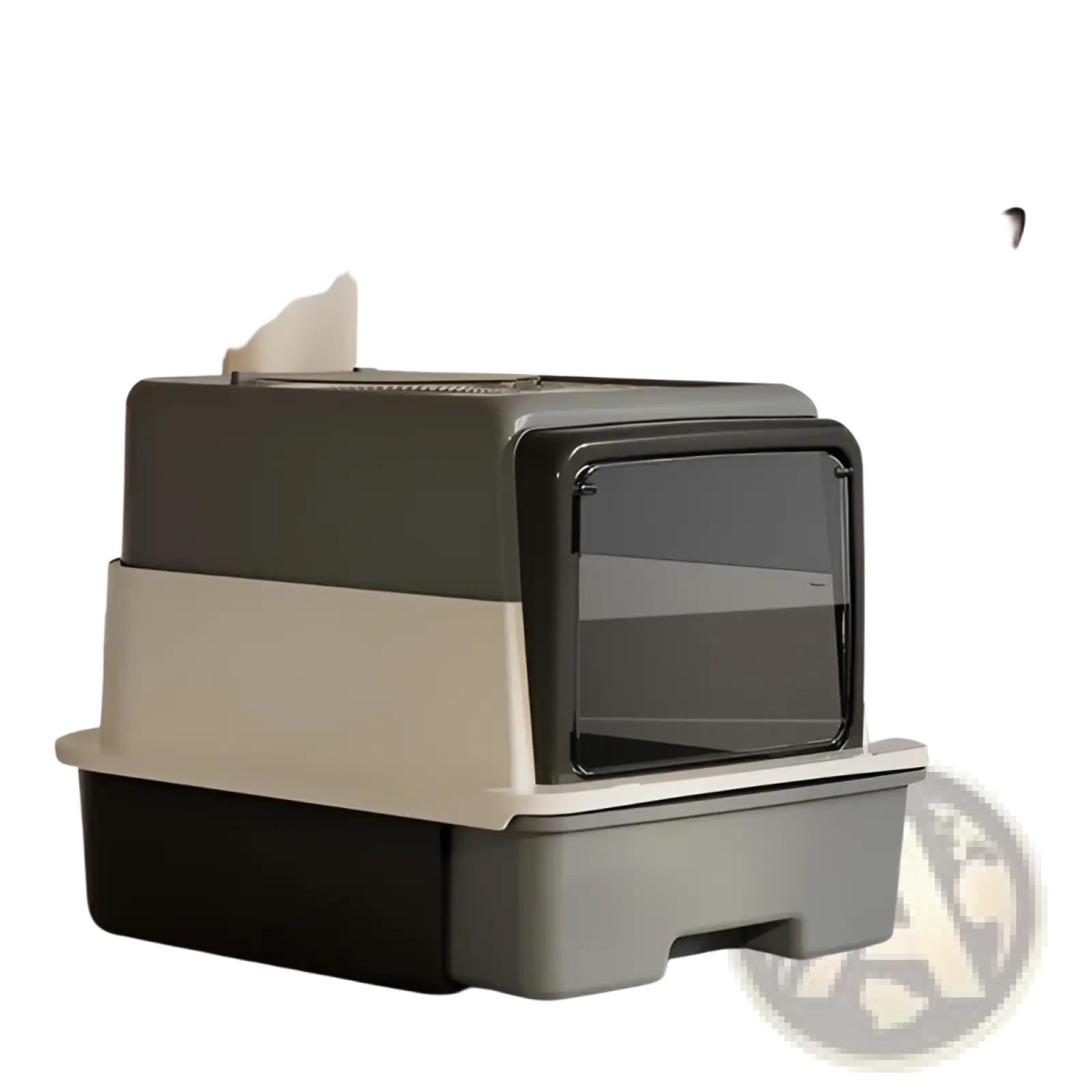 Black and beige fully enclosed sifting cat litter box with transparent front panel and drawer for easy cleaning