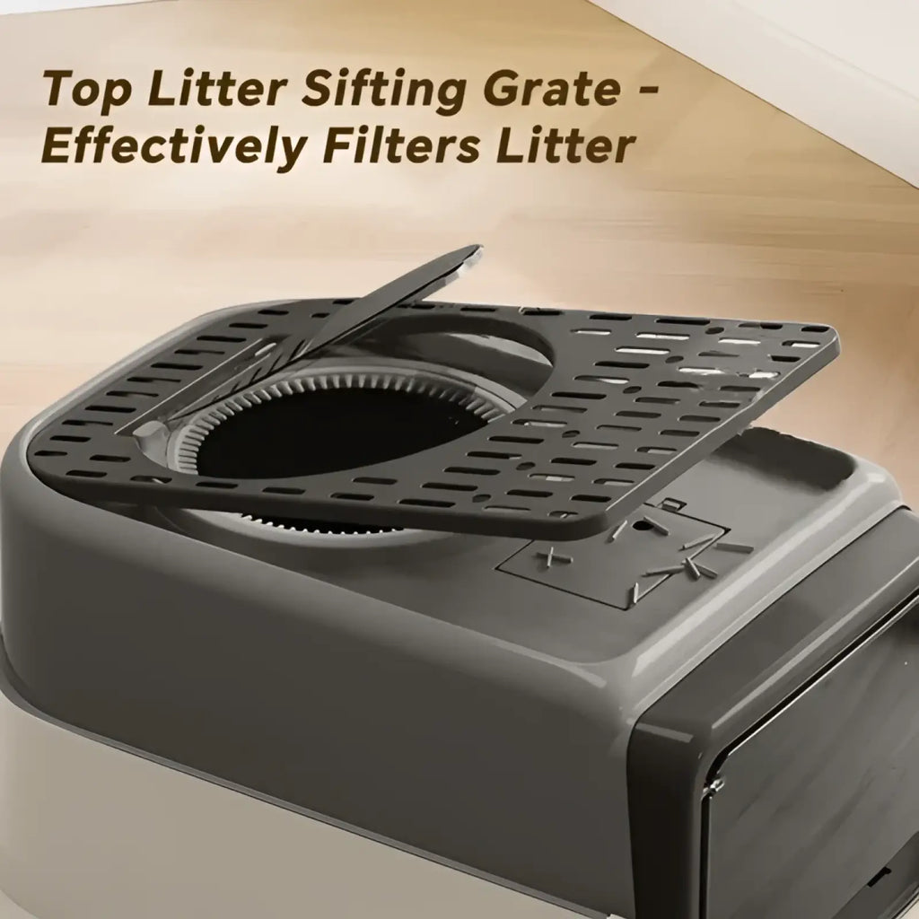 Black plastic top litter sifting grate with grid pattern and central opening for sifting cat litter box with drawer