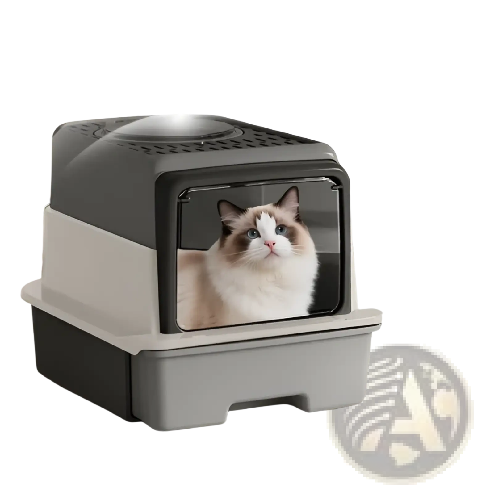 Gray and white sifting cat litter box with drawer and transparent panel showing a fluffy ragdoll cat inside enclosure