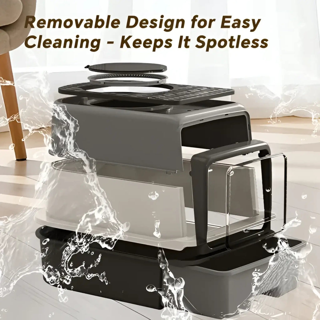 Gray and black multi-layered sifting cat litter box with removable components and drawer for easy cleaning and pet use